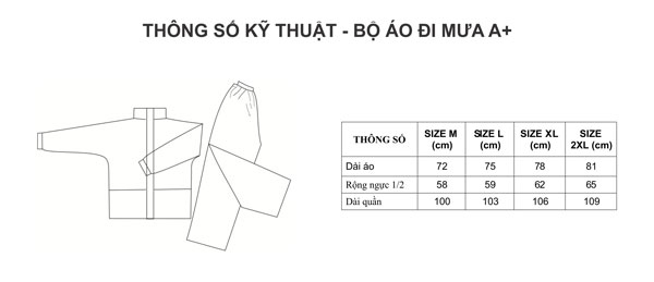 Size quần áo mưa rando cao cấp