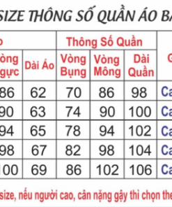 Thông số size quần áo bảo hộ lao động