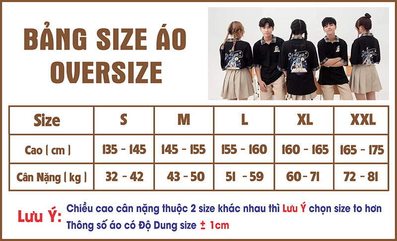 Bảng size áo lớp tay lỡ